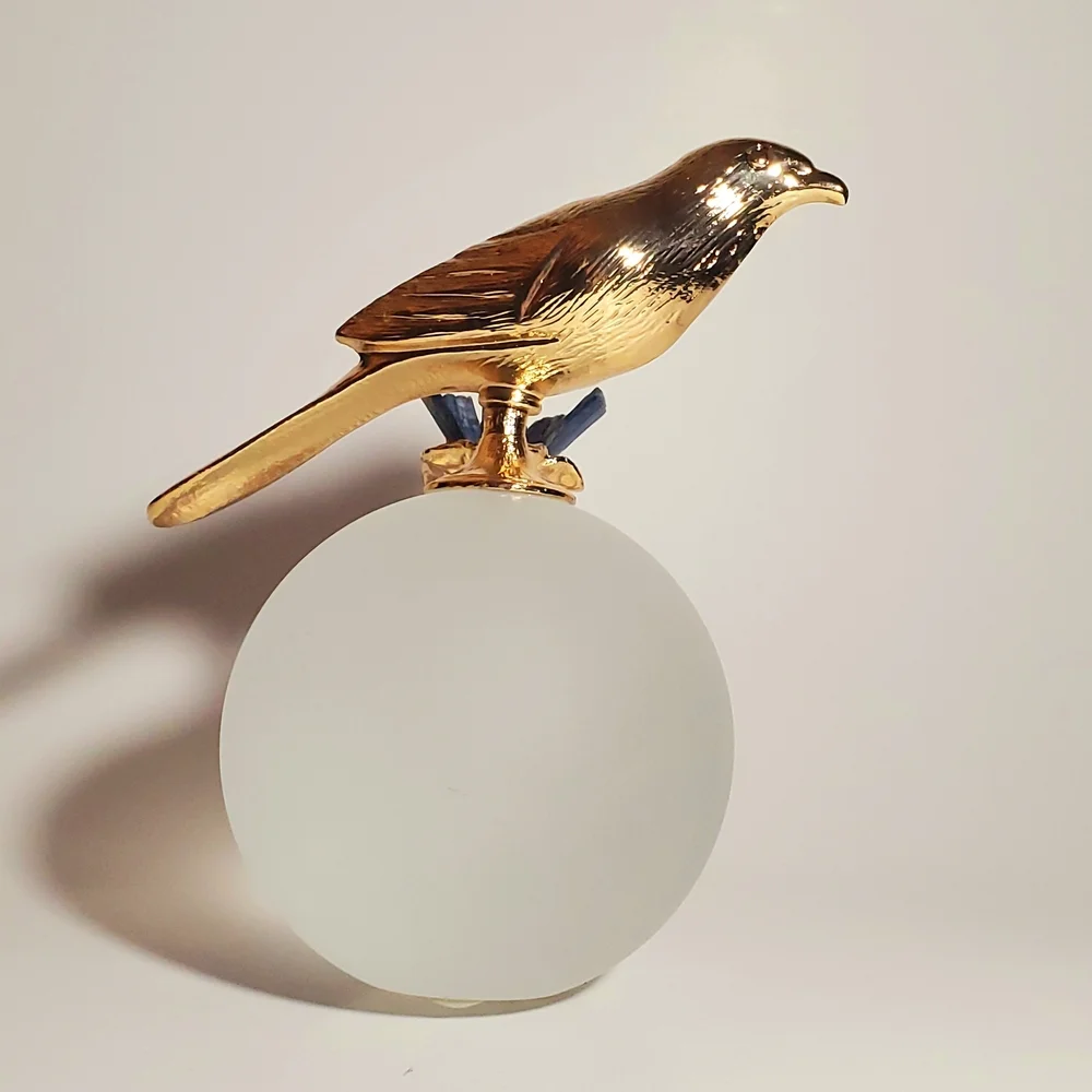 Modern Minimalist Art Glass Sculpture with Gold Tone Bird  & Quartz Gemstones